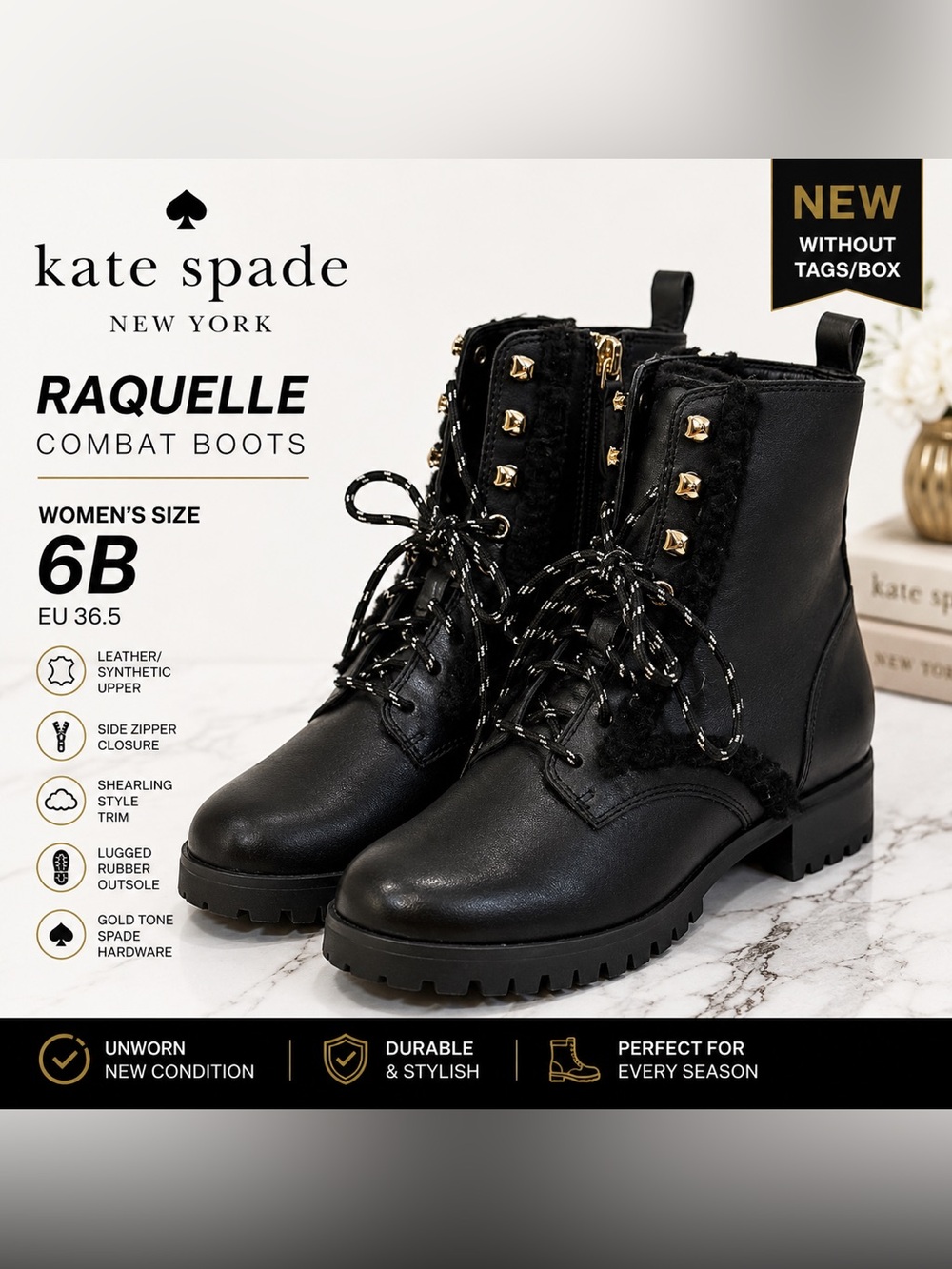 Kate Spade Raquelle Women’s 6B Black Leather Combat Boots NWOB
